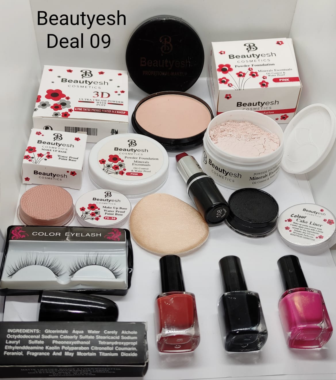 Elegant Beautyesh Deal 9 Face powder , Loose powder , Cake liner , False Eyelash Red lipstick , Makeup base & 3 Surprise Nail Polishes