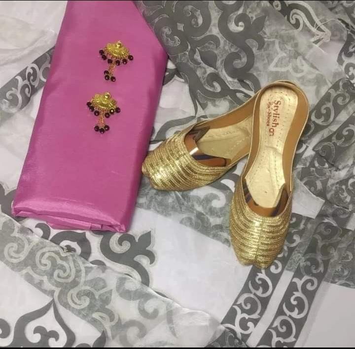 4 pcs Qattan silk suit organza dupata with Khussa