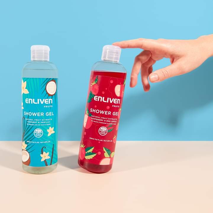 Double the fun with Enliven Coconut & Vanilla and Raspberry & Red Apple Shower Gels 500 ML each