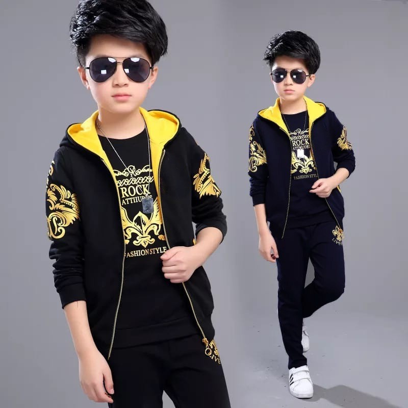 3PC ZIPPER TRACKSUITE(FLEECE) HOODIE + SWEAT SHIRT + TROUSER Colors: Black ,size ;11 -12 years