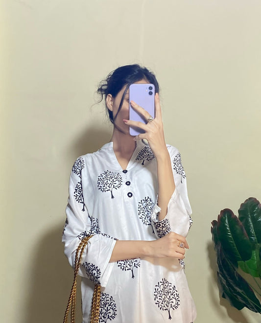 2 Pc Tree Design Beautiful Printed Shirt + Trouser (White)